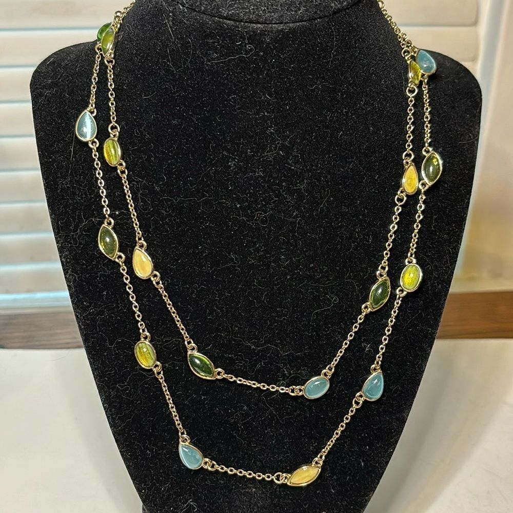 Vintage Green yellow and blue glass drops multi strand gold tone necklace 16-18”